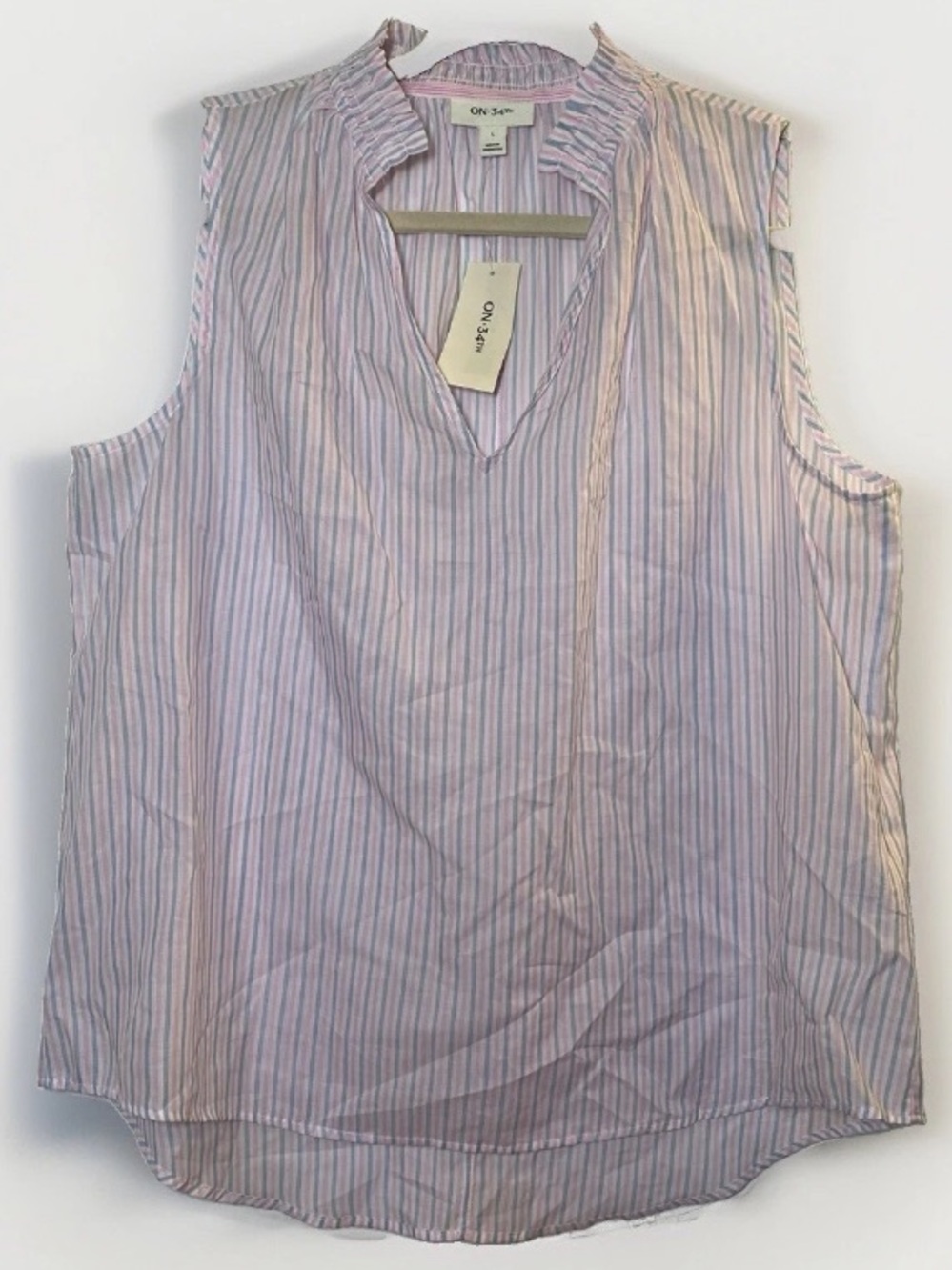 On 34th Womens Large Blouse Top Sleeveless Pink Blue Pastel Striped Ruffle Sheer